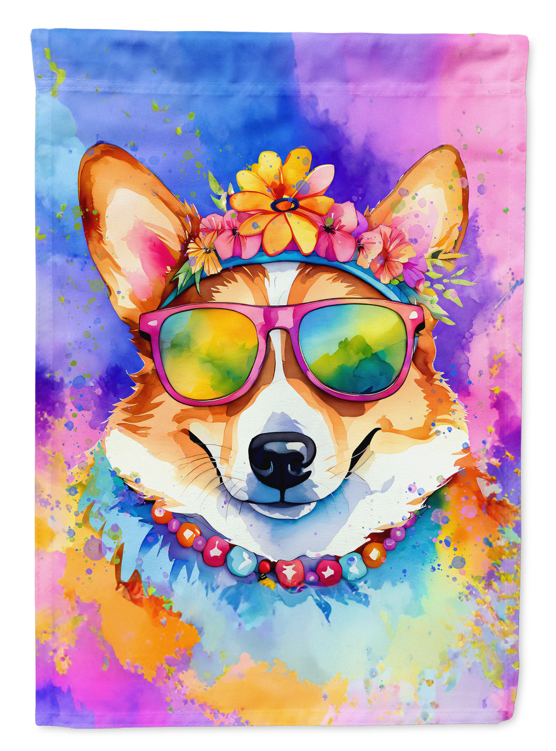 Corgi Hippie Dawg Garden Flag – Retro Dog with Sunglasses & Multicolored Background