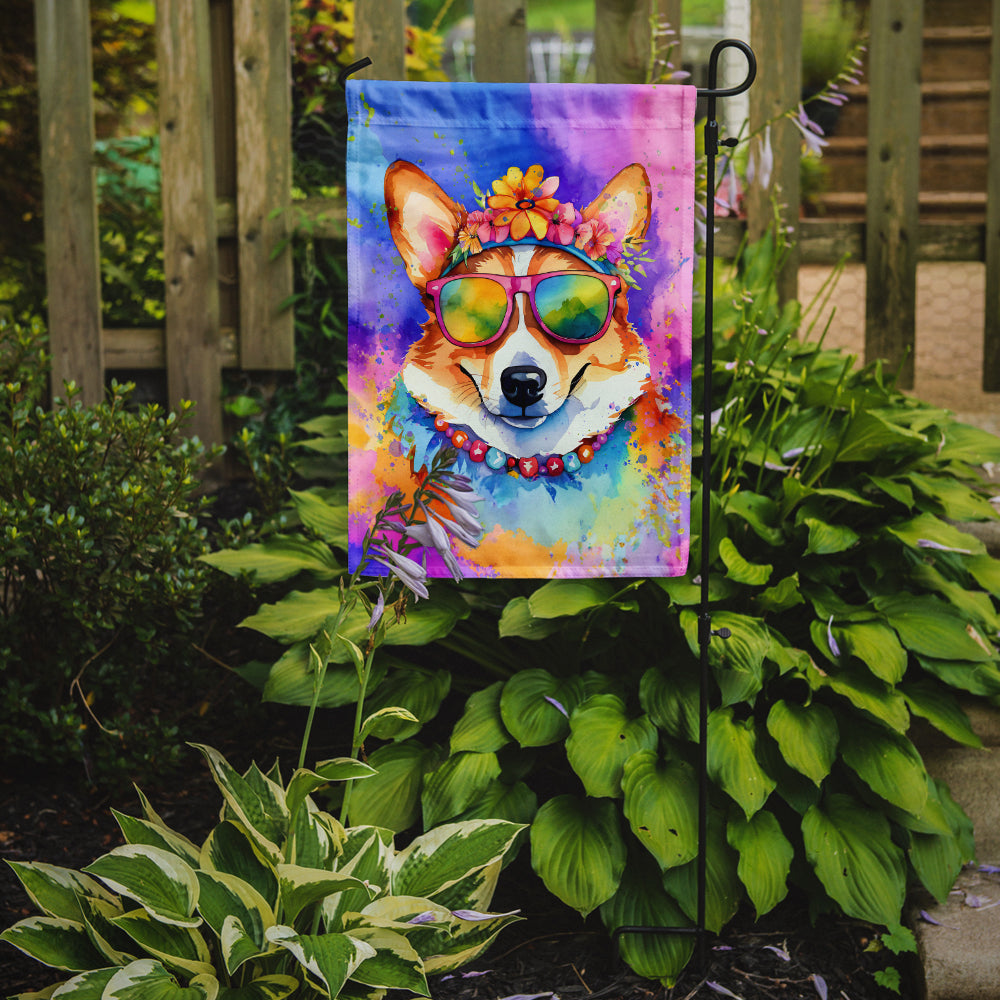 Corgi Hippie Dawg Garden Flag – Retro Dog with Sunglasses & Multicolored Background
