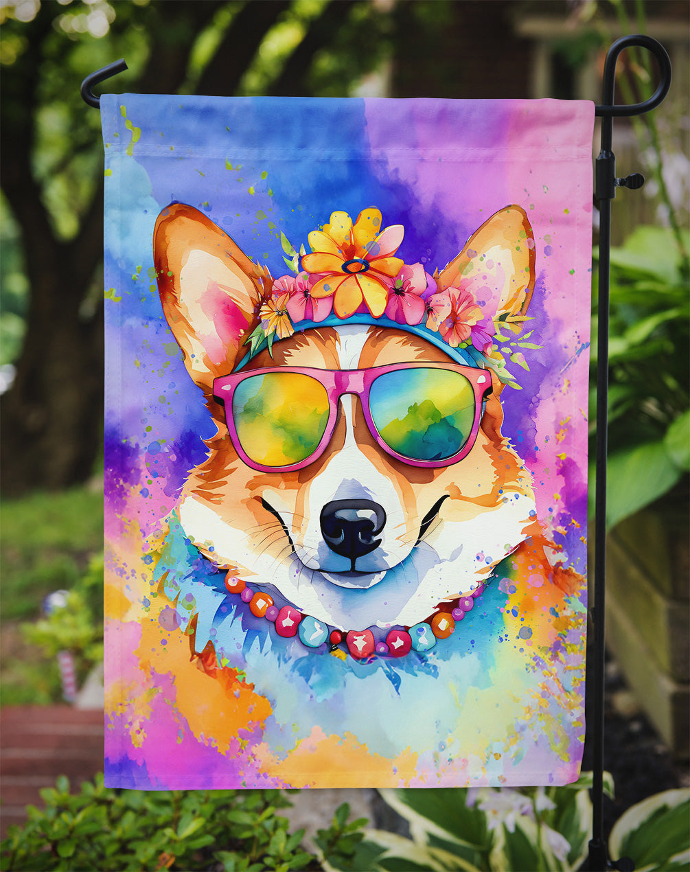 Corgi Hippie Dawg Garden Flag – Retro Dog with Sunglasses & Multicolored Background