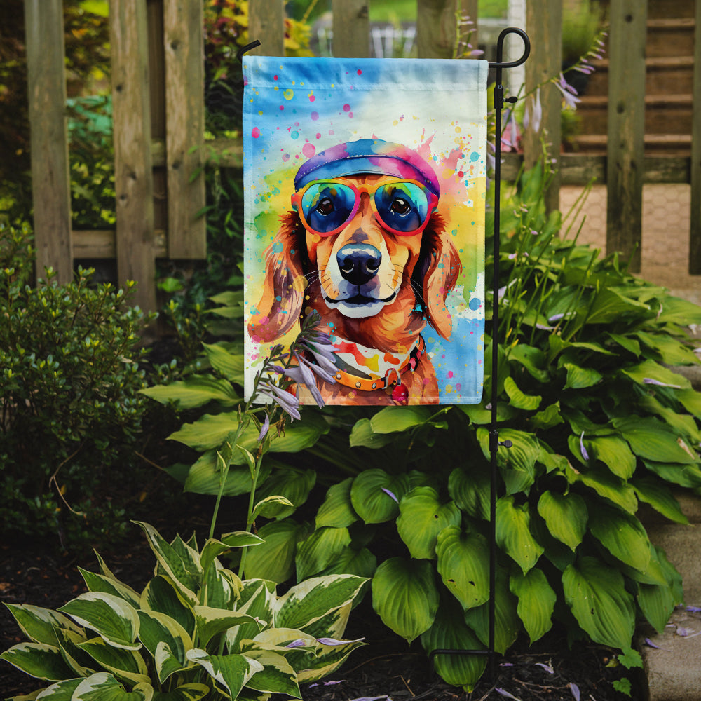 Dachshund Hippie Dawg Garden Flag – Retro Dog with Sunglasses & Multicolored Background