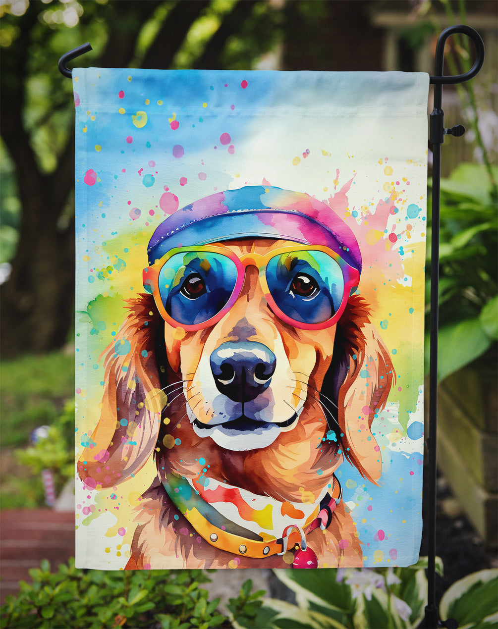 Dachshund Hippie Dawg Garden Flag – Retro Dog with Sunglasses & Multicolored Background