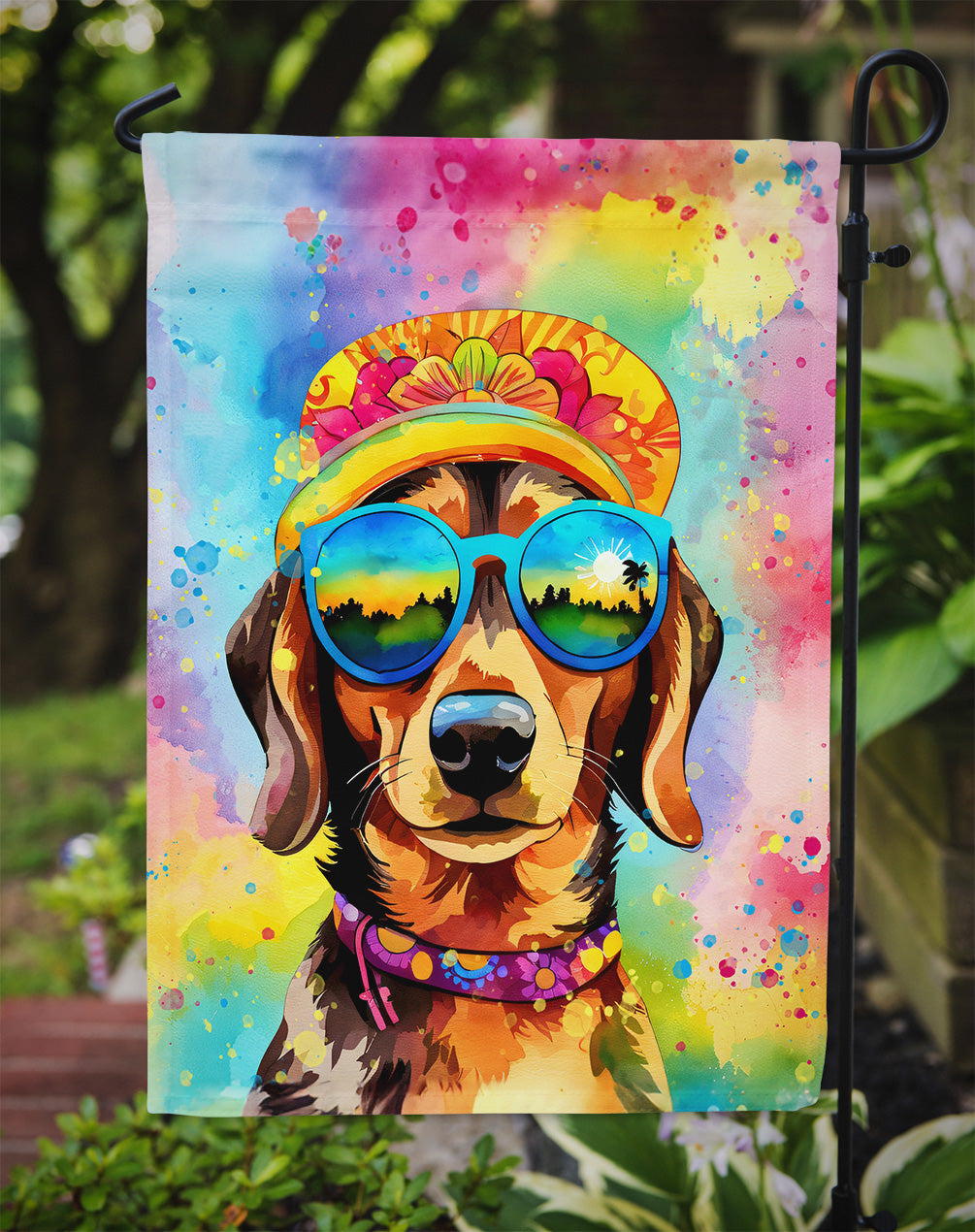 Dachshund Hippie Dawg Garden Flag – Retro Dog with Sunglasses & Multicolored Background