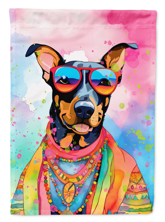 Doberman Pinscher Hippie Dawg Garden Flag – Retro Dog with Sunglasses & Multicolored Background