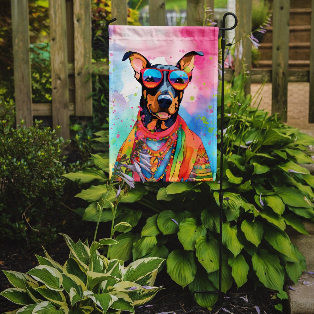 Doberman Pinscher Hippie Dawg Garden Flag – Retro Dog with Sunglasses & Multicolored Background