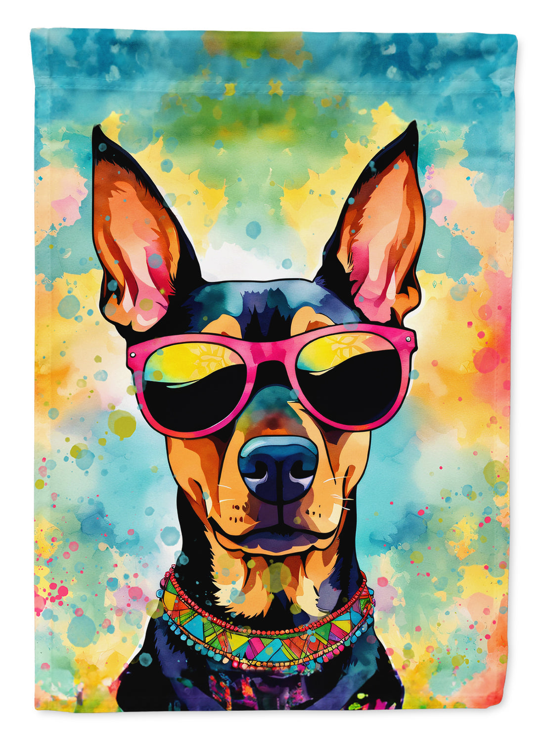 Doberman Pinscher Hippie Dawg Garden Flag – Retro Dog with Sunglasses & Multicolored Background