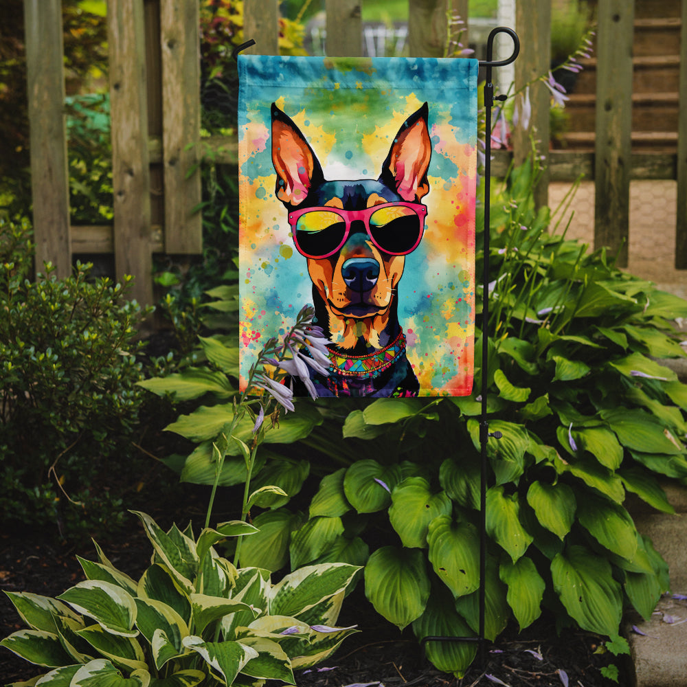 Doberman Pinscher Hippie Dawg Garden Flag – Retro Dog with Sunglasses & Multicolored Background