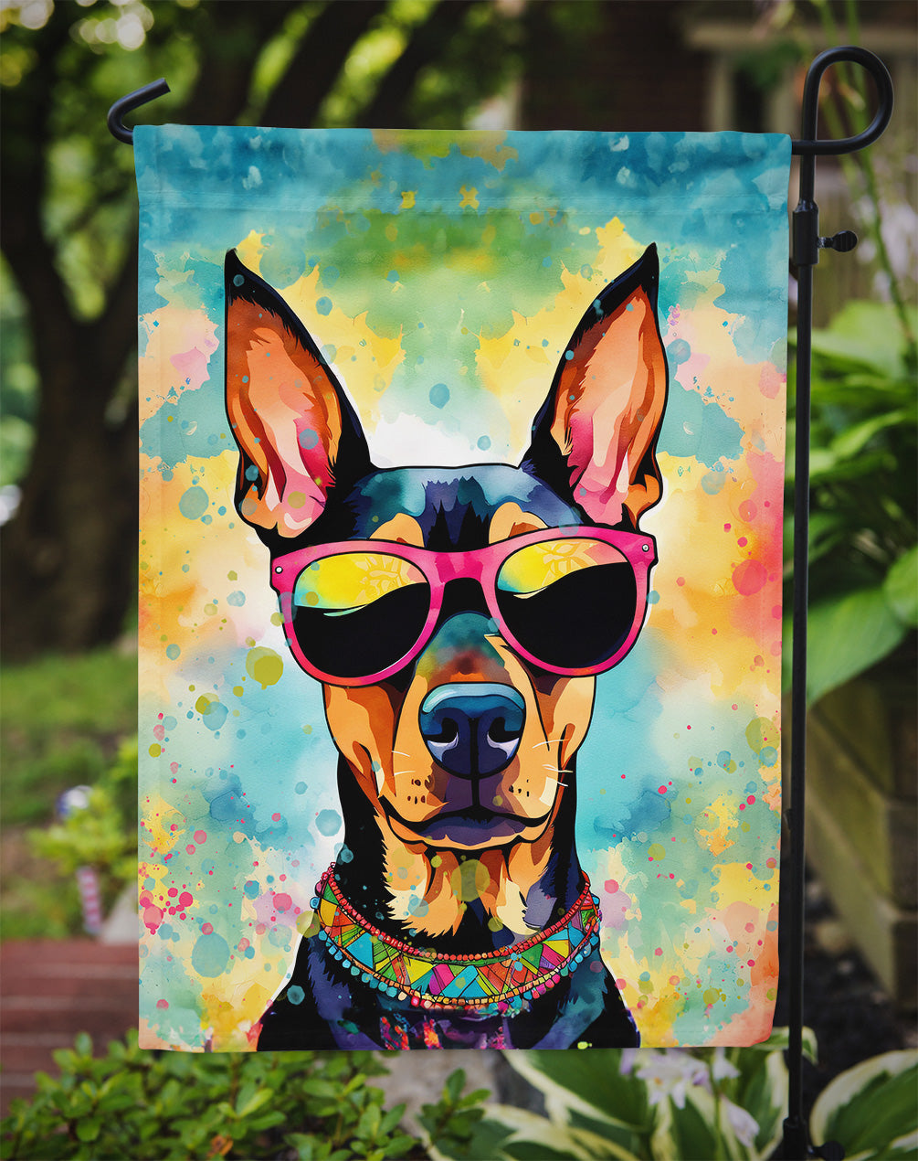 Doberman Pinscher Hippie Dawg Garden Flag – Retro Dog with Sunglasses & Multicolored Background