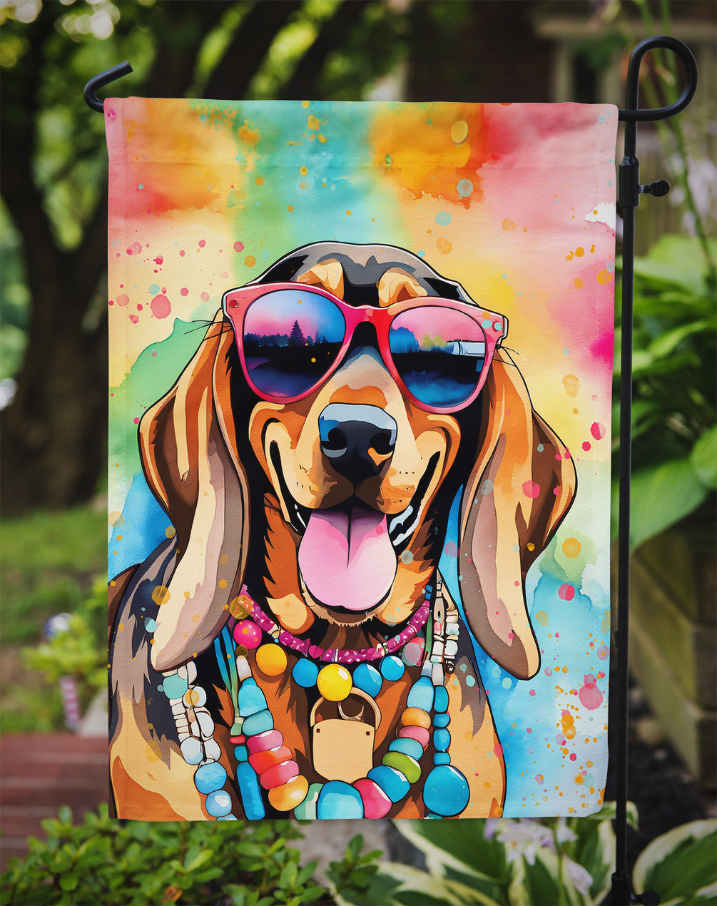 Doberman Pinscher Hippie Dawg Garden Flag – Retro Dog with Sunglasses & Multicolored Background