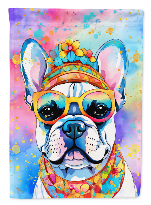 French Bulldog Hippie Dawg Garden Flag – Retro Dog with Sunglasses & Multicolored Background