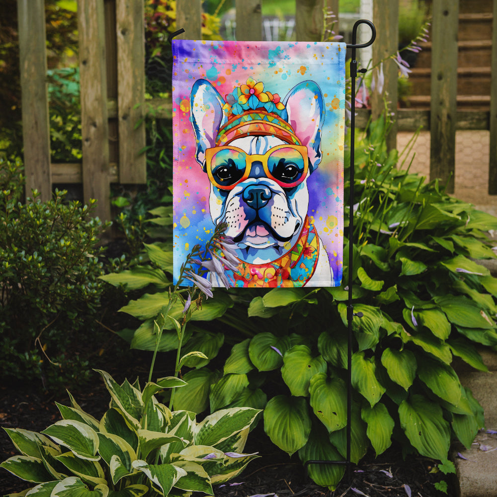 French Bulldog Hippie Dawg Garden Flag – Retro Dog with Sunglasses & Multicolored Background