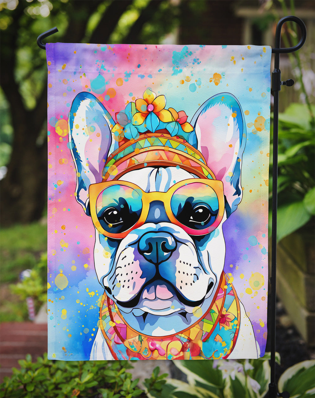 French Bulldog Hippie Dawg Garden Flag – Retro Dog with Sunglasses & Multicolored Background