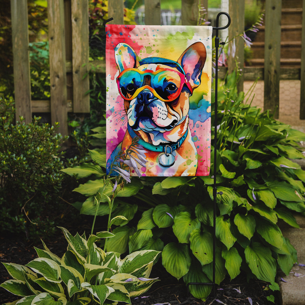 French Bulldog Hippie Dawg Garden Flag – Retro Dog with Sunglasses & Multicolored Background