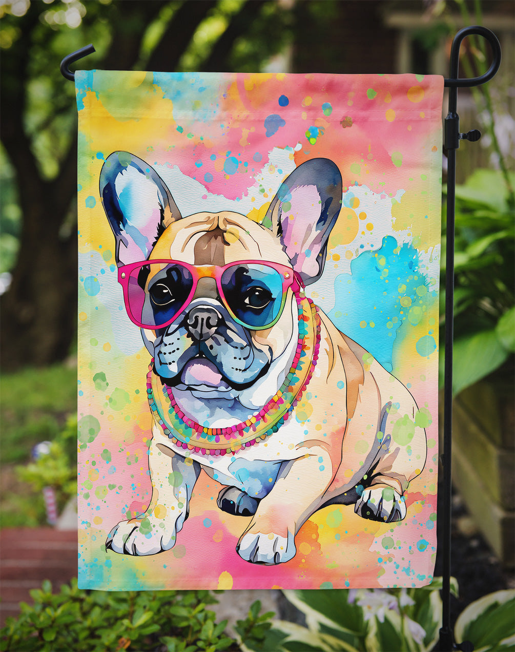 French Bulldog Hippie Dawg Garden Flag – Retro Dog with Sunglasses & Multicolored Background