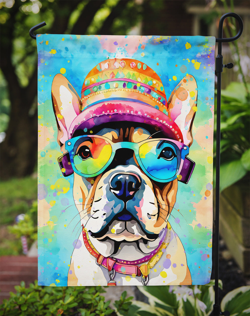 French Bulldog Hippie Dawg Garden Flag – Retro Dog with Sunglasses & Multicolored Background