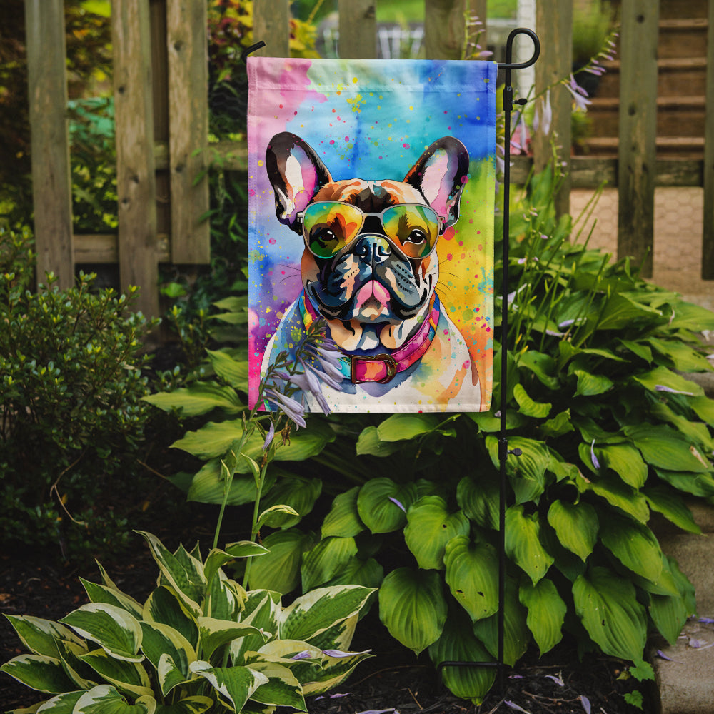 French Bulldog Hippie Dawg Garden Flag – Retro Dog with Sunglasses & Multicolored Background