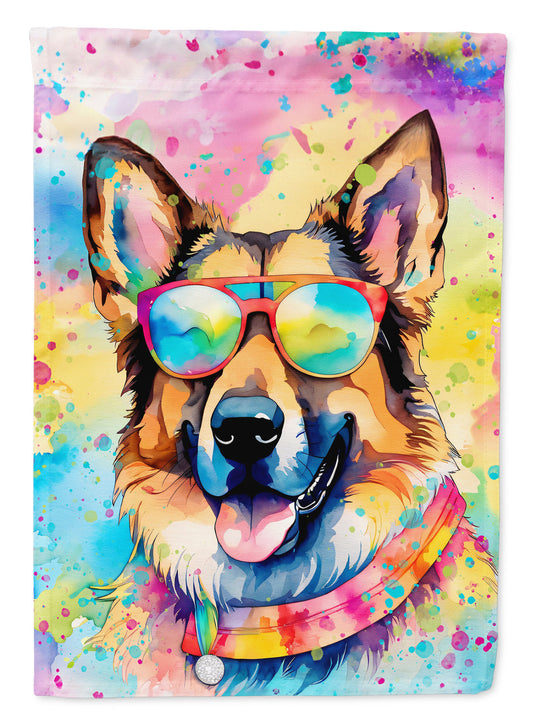 German Shepherd Hippie Dawg Garden Flag – Retro Dog with Sunglasses & Multicolored Background
