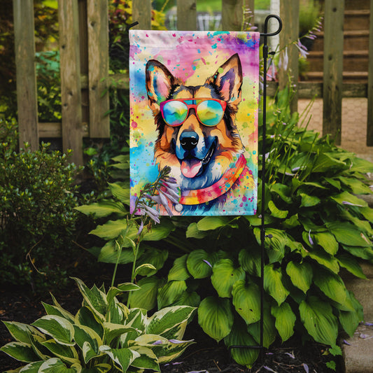 German Shepherd Hippie Dawg Garden Flag – Retro Dog with Sunglasses & Multicolored Background