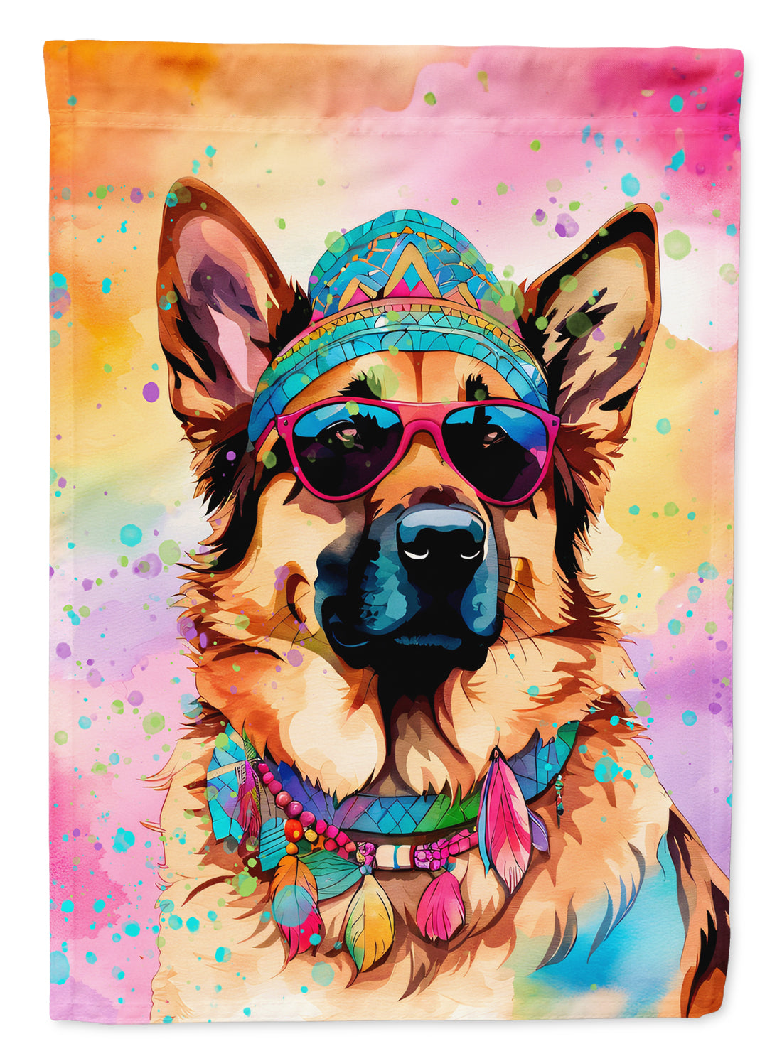 German Shepherd Hippie Dawg Garden Flag – Retro Dog with Sunglasses & Multicolored Background