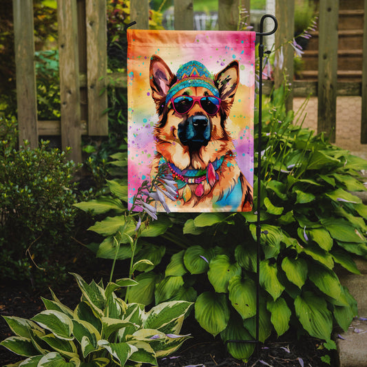 German Shepherd Hippie Dawg Garden Flag – Retro Dog with Sunglasses & Multicolored Background
