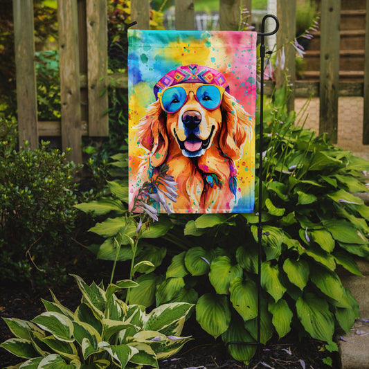 Golden Retriever Hippie Dawg Garden Flag – Retro Dog with Sunglasses & Multicolored Background