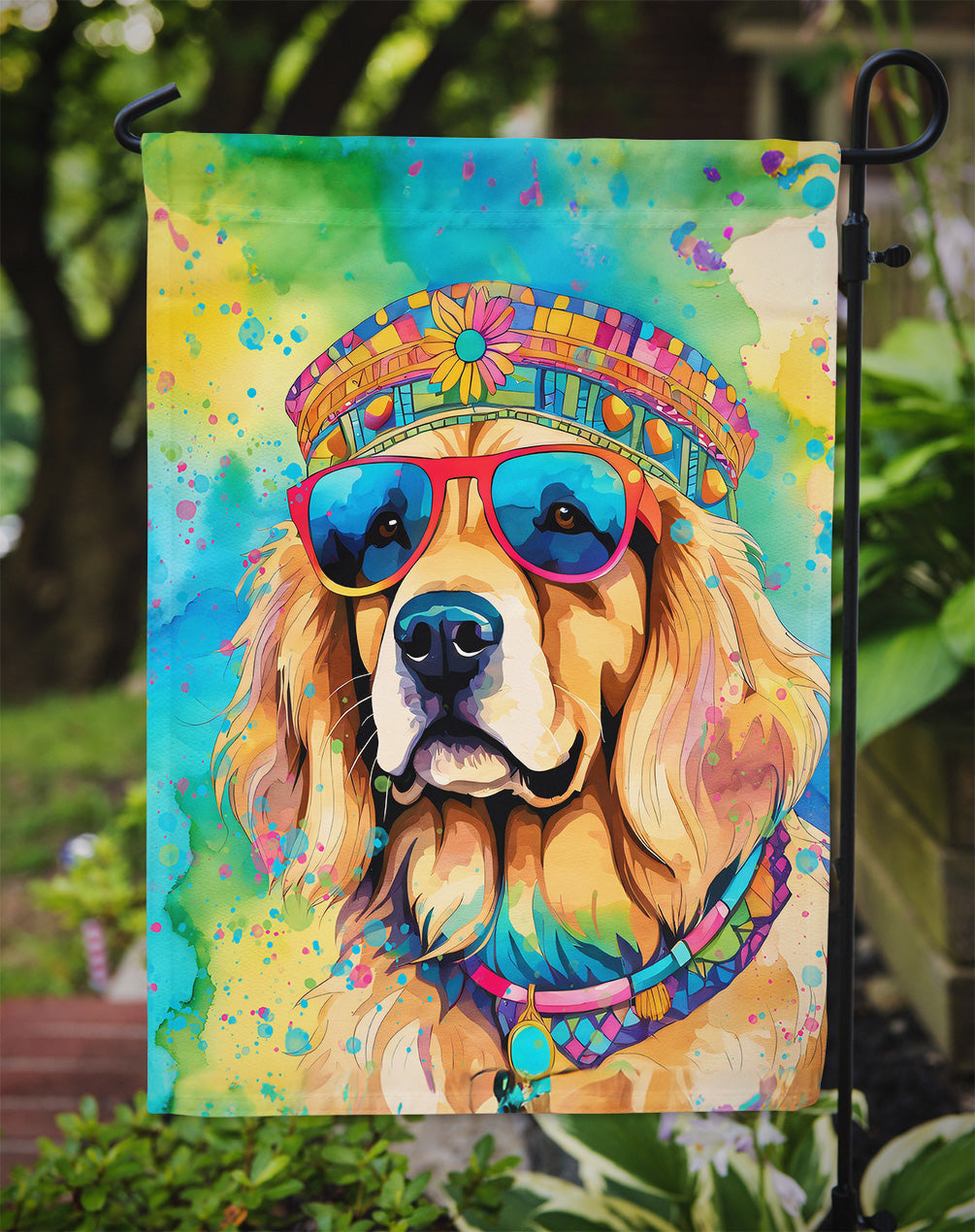 Golden Retriever Hippie Dawg Garden Flag – Retro Dog with Sunglasses & Multicolored Background