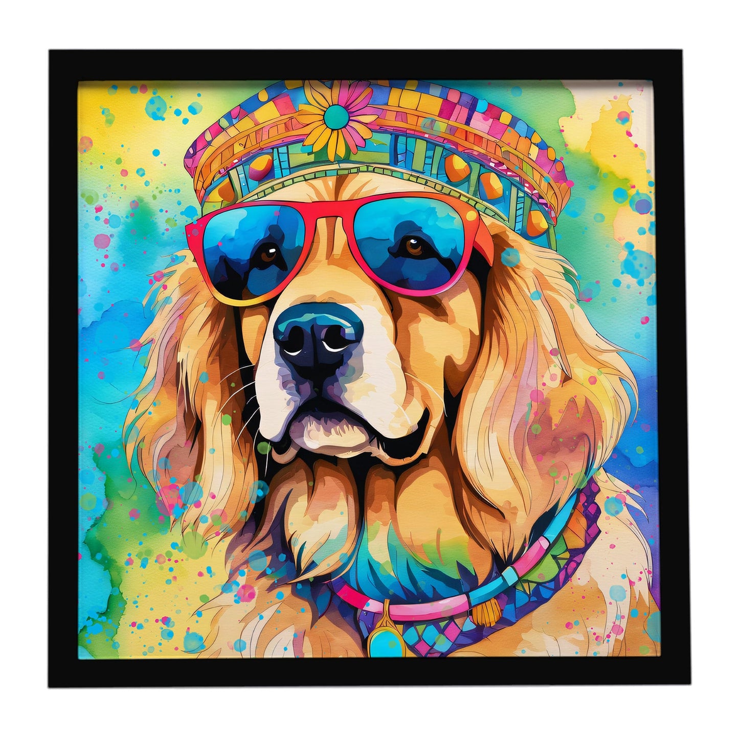 Golden Retriever Hippie Dawg Framed Metal Print