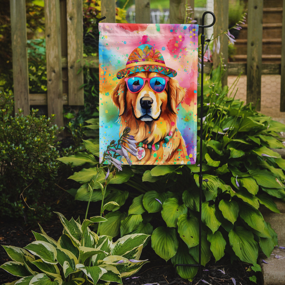 Golden Retriever Hippie Dawg Garden Flag – Retro Dog with Sunglasses & Multicolored Background