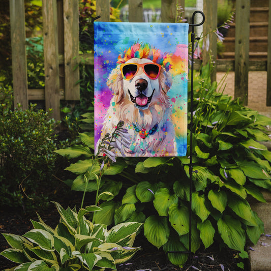 Great Pyrenees Hippie Dawg Garden Flag – Retro Dog with Sunglasses & Multicolored Background