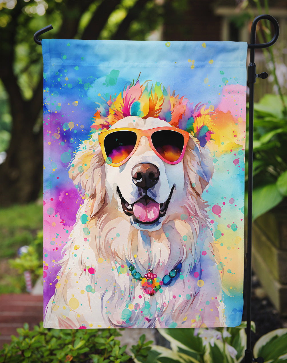 Great Pyrenees Hippie Dawg Garden Flag – Retro Dog with Sunglasses & Multicolored Background