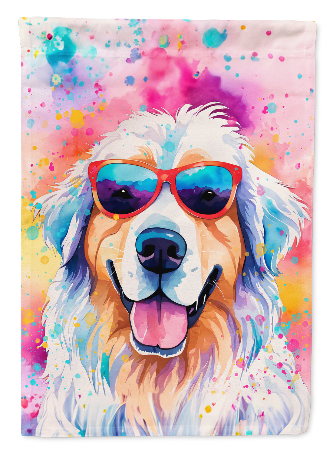 Great Pyrenees Hippie Dawg Garden Flag – Retro Dog with Sunglasses & Multicolored Background