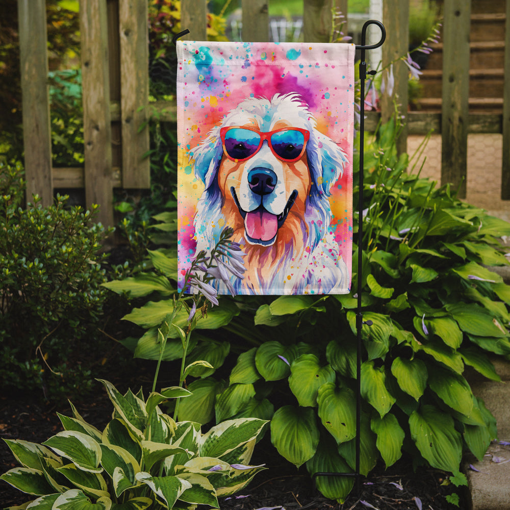 Great Pyrenees Hippie Dawg Garden Flag – Retro Dog with Sunglasses & Multicolored Background