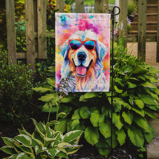 Great Pyrenees Hippie Dawg Garden Flag – Retro Dog with Sunglasses & Multicolored Background