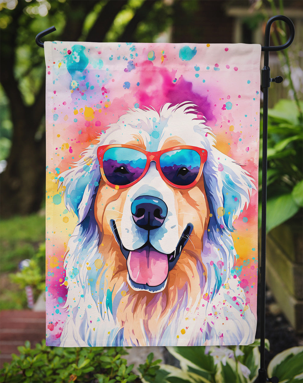 Great Pyrenees Hippie Dawg Garden Flag – Retro Dog with Sunglasses & Multicolored Background