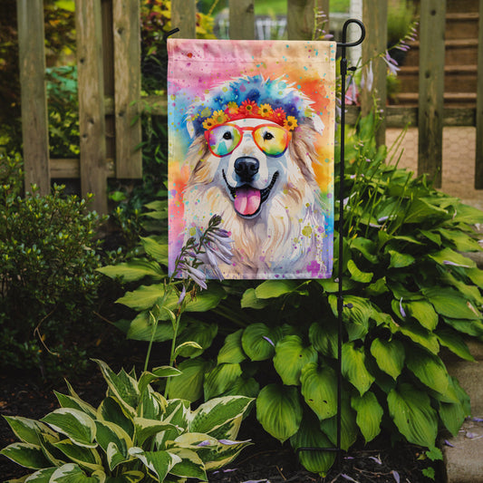 Great Pyrenees Hippie Dawg Garden Flag – Retro Dog with Sunglasses & Multicolored Background