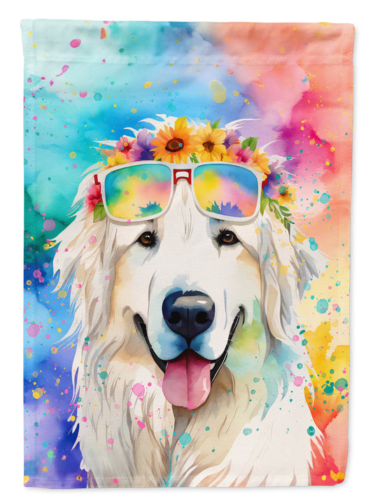 Great Pyrenees Hippie Dawg Garden Flag – Retro Dog with Sunglasses & Multicolored Background