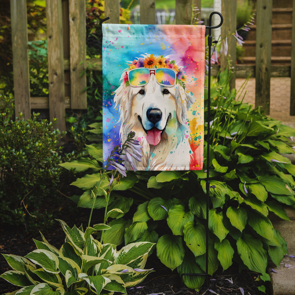 Great Pyrenees Hippie Dawg Garden Flag – Retro Dog with Sunglasses & Multicolored Background