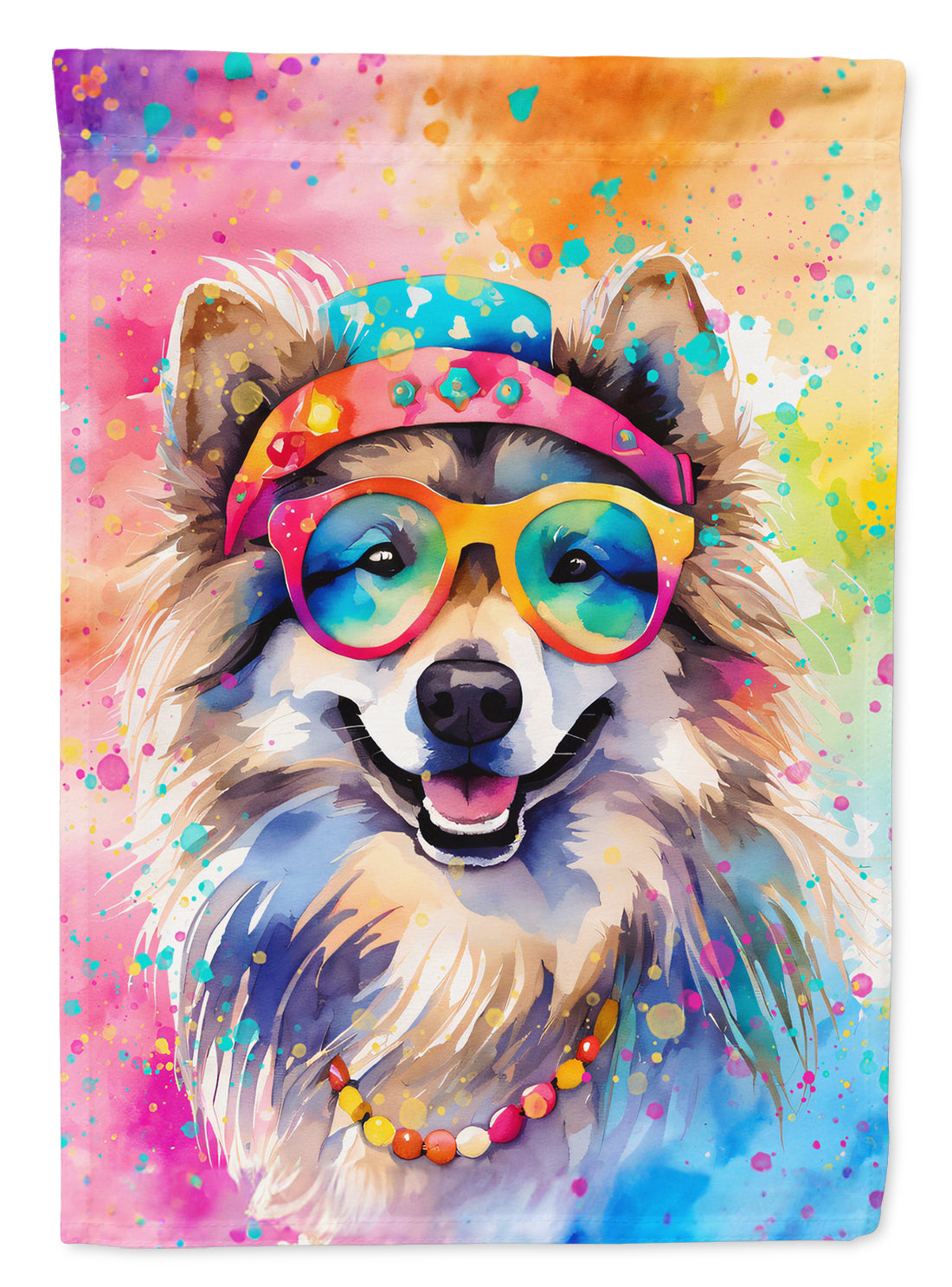 Keeshond Hippie Dawg Garden Flag – Retro Dog with Sunglasses & Multicolored Background