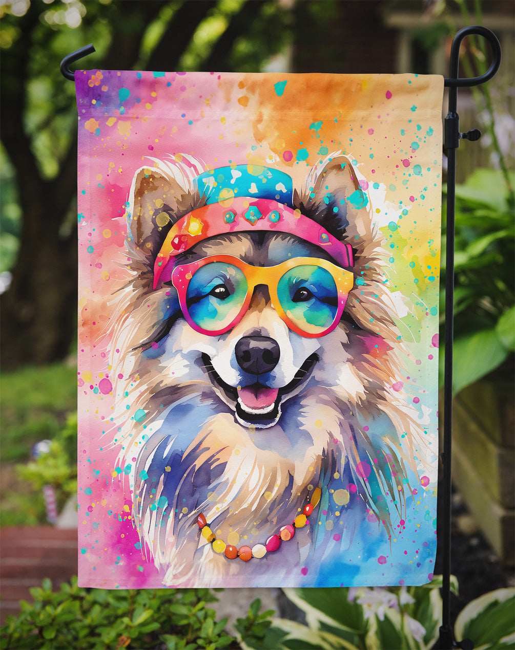Keeshond Hippie Dawg Garden Flag – Retro Dog with Sunglasses & Multicolored Background