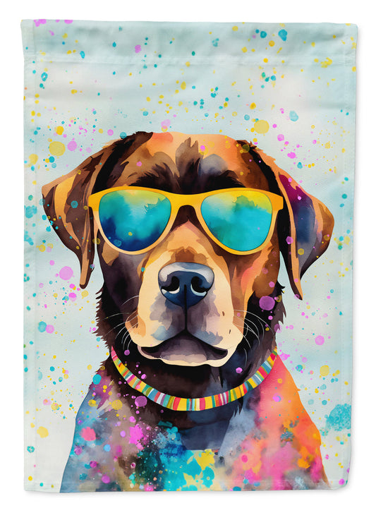 Chocolate Labrador Hippie Dawg Garden Flag – Retro Dog with Sunglasses & Multicolored Background