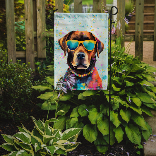 Chocolate Labrador Hippie Dawg Garden Flag – Retro Dog with Sunglasses & Multicolored Background