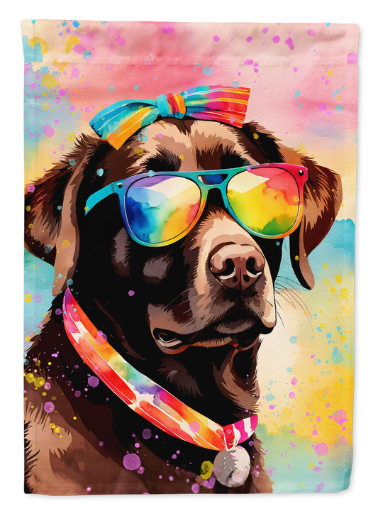 Chocolate Labrador Hippie Dawg Garden Flag – Retro Dog with Sunglasses & Multicolored Background