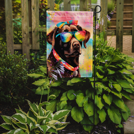 Chocolate Labrador Hippie Dawg Garden Flag – Retro Dog with Sunglasses & Multicolored Background