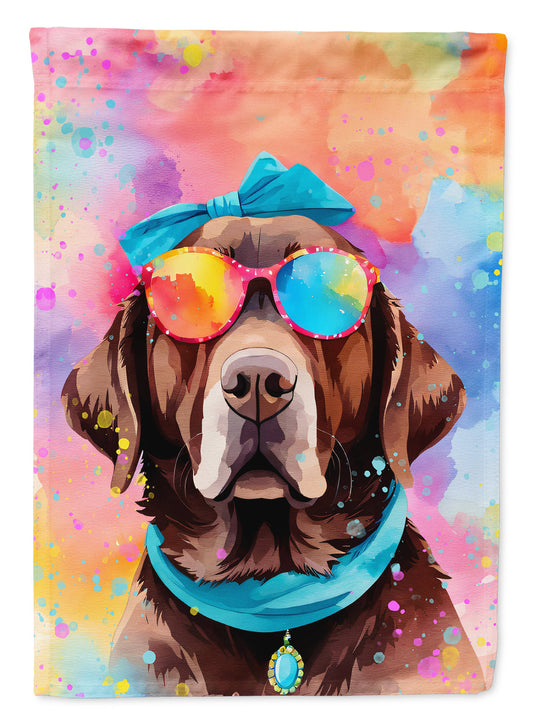 Chocolate Labrador Hippie Dawg Garden Flag – Retro Dog with Sunglasses & Multicolored Background