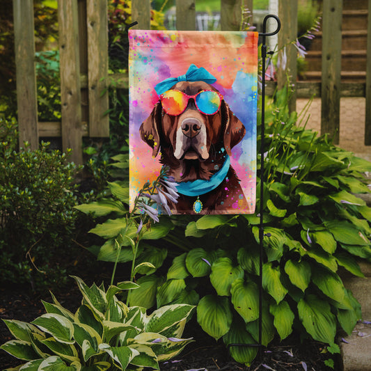 Chocolate Labrador Hippie Dawg Garden Flag – Retro Dog with Sunglasses & Multicolored Background
