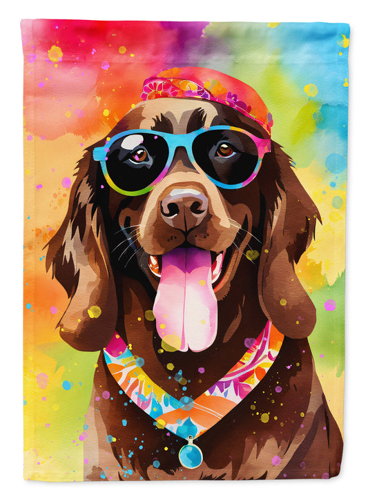 Chocolate Labrador Hippie Dawg Garden Flag – Retro Dog with Sunglasses & Multicolored Background