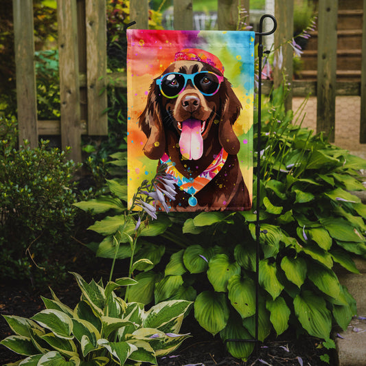 Chocolate Labrador Hippie Dawg Garden Flag – Retro Dog with Sunglasses & Multicolored Background