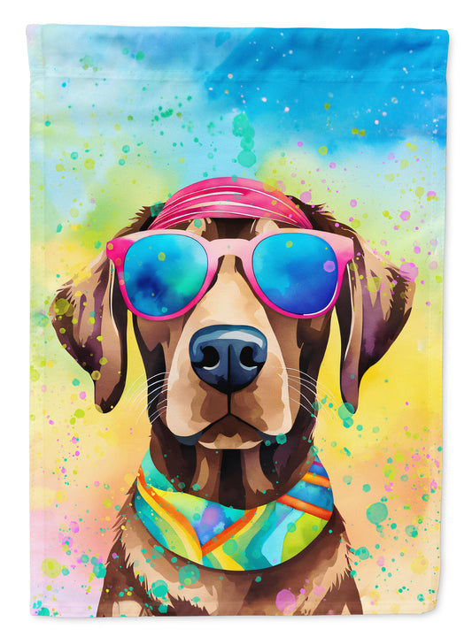 Chocolate Labrador Hippie Dawg Garden Flag – Retro Dog with Sunglasses & Multicolored Background