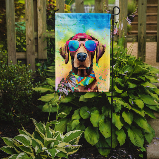 Chocolate Labrador Hippie Dawg Garden Flag – Retro Dog with Sunglasses & Multicolored Background