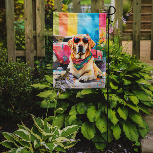 Yellow Labrador Hippie Dawg Garden Flag – Retro Dog with Sunglasses & Multicolored Background