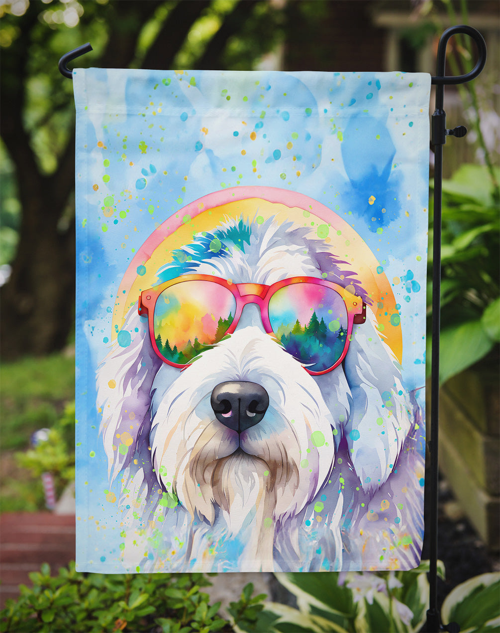 Old English Sheepdog Hippie Dawg Garden Flag – Retro Dog with Sunglasses & Multicolored Background